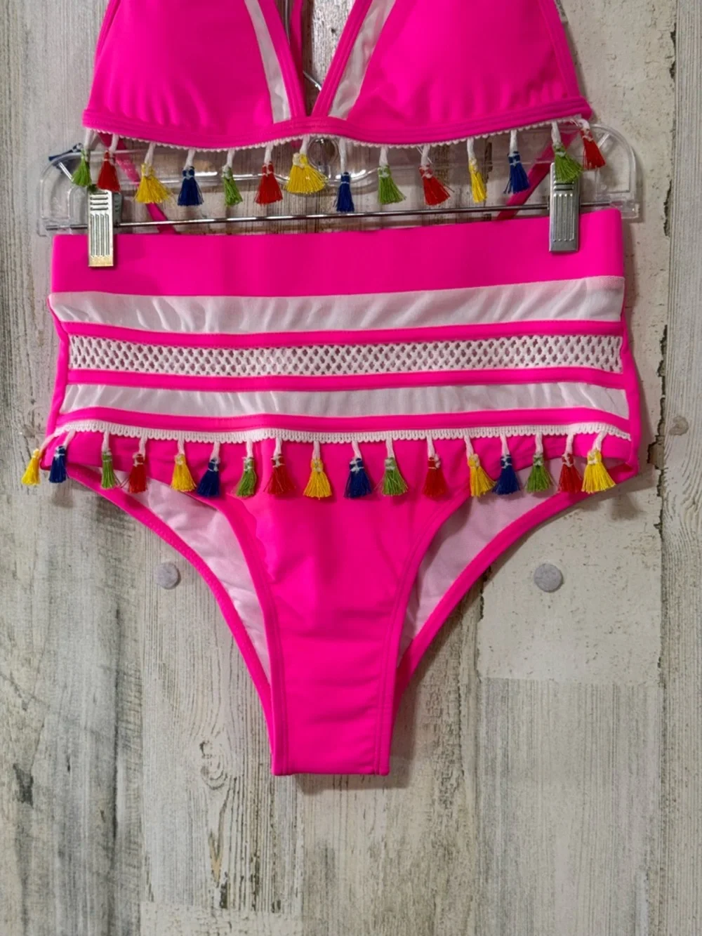 Pink Tassel Trim Halter Bikini Set